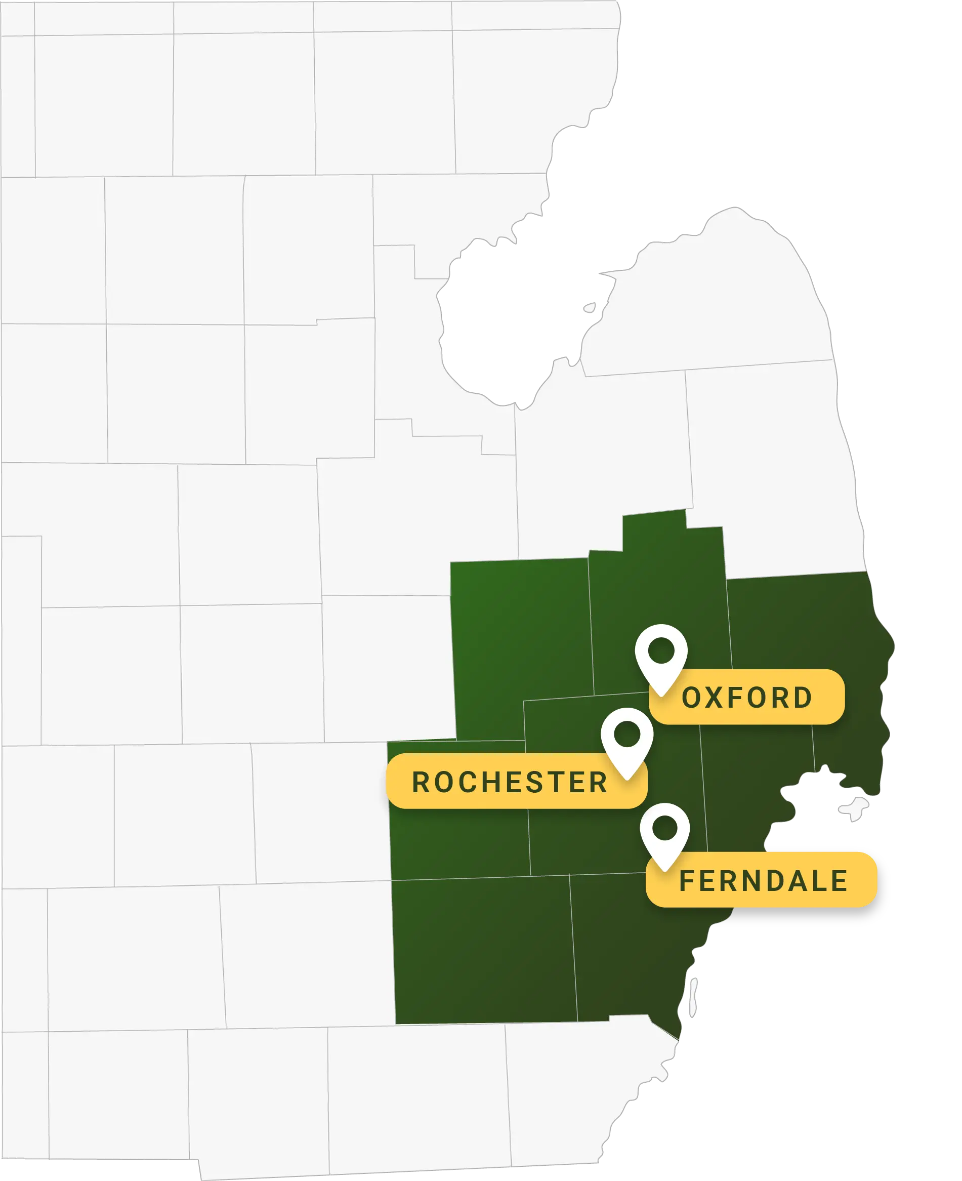 Roofing Army Service Area Map - Oxford, Ferndale, Rochester Hills & Plymouth Offices roofing army service map showing office locations in Oxford Michigan, Ferndale Michigan, Rochester Hills Michigan, and Plymouth Michigan