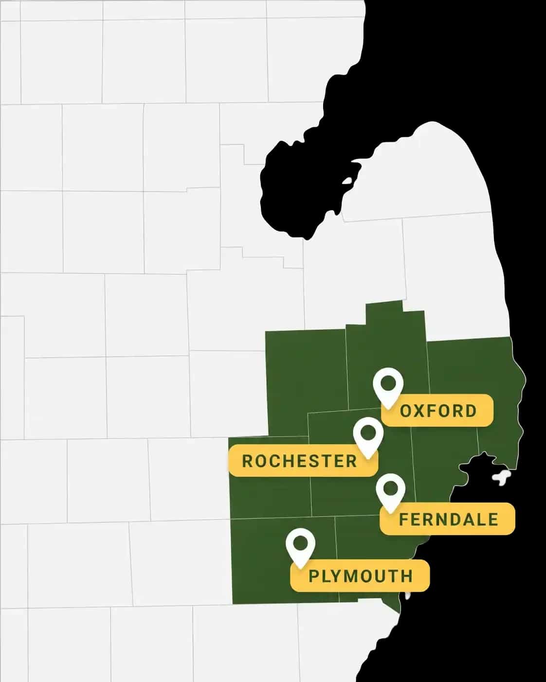 Roofing Army Service Area Map - Oxford, Ferndale, Rochester Hills & Plymouth Offices roofing army service map showing office locations in Oxford Michigan, Ferndale Michigan, Rochester Hills Michigan, and Plymouth Michigan