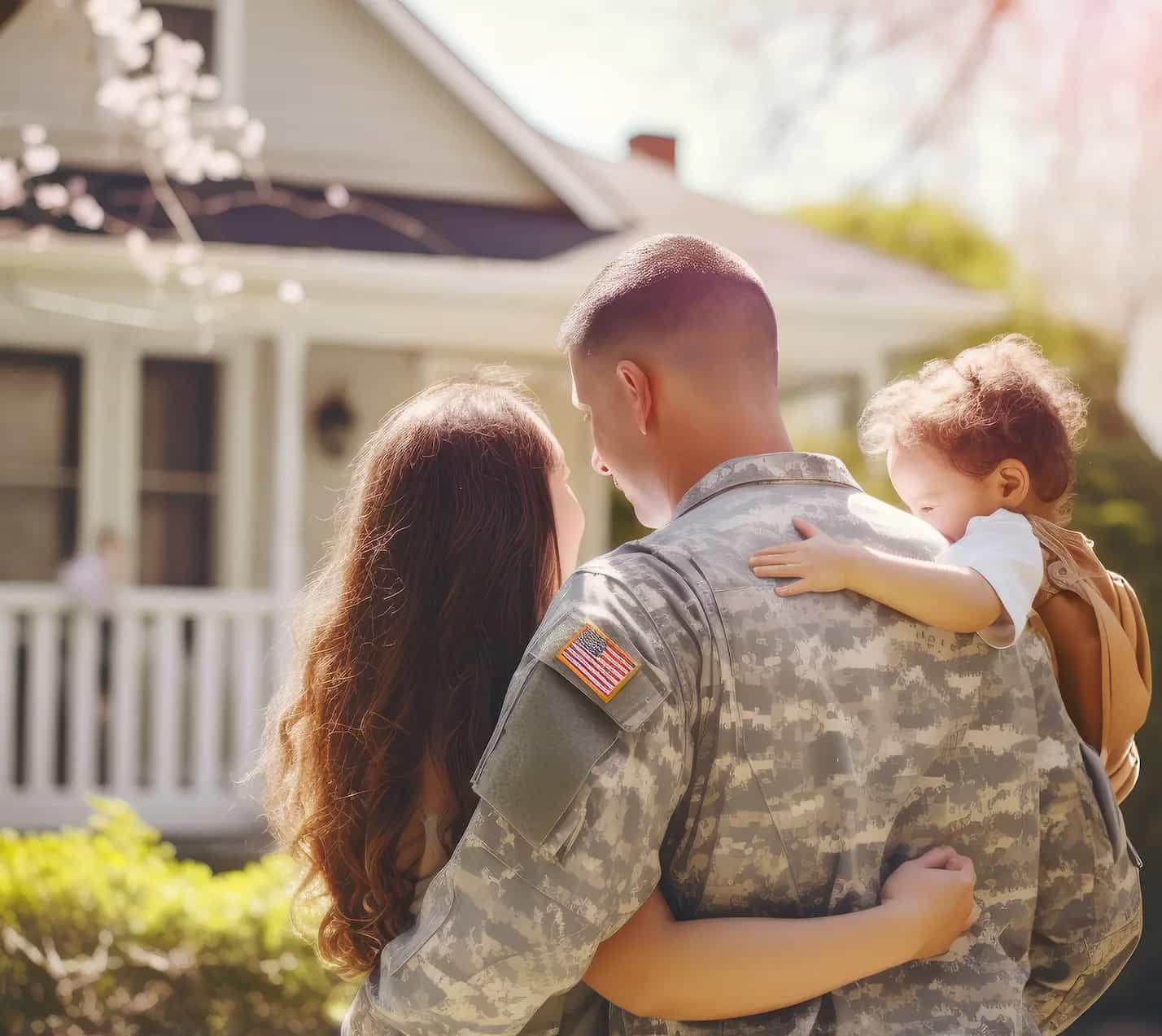Roofing Army Veterans Pledge - Free Roof for Veterans in Michigan an army veteran standing in front of a house with a new roof holding his child and hugging his wife